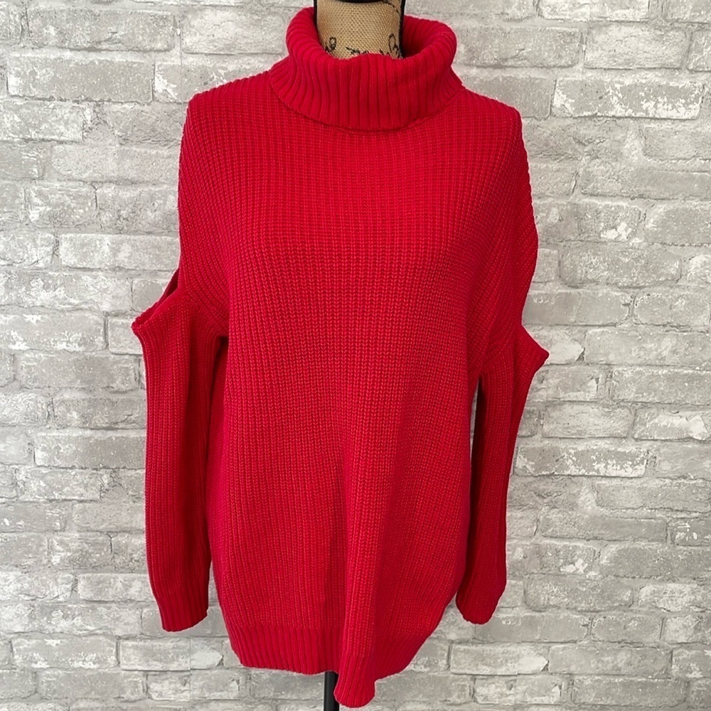Bar III Red Ribbed Cold Shoulder Sweater
